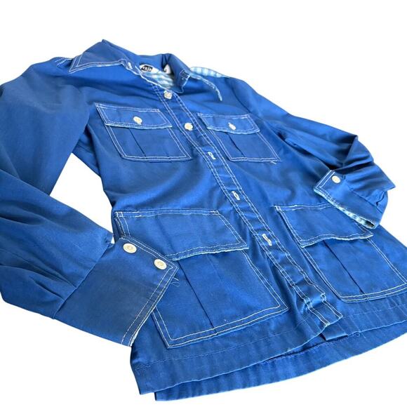 Leisure Jacket 70sVintage Activa Blue Sz 12 plaid contrast ( missing buttons) - Picture 2 of 14